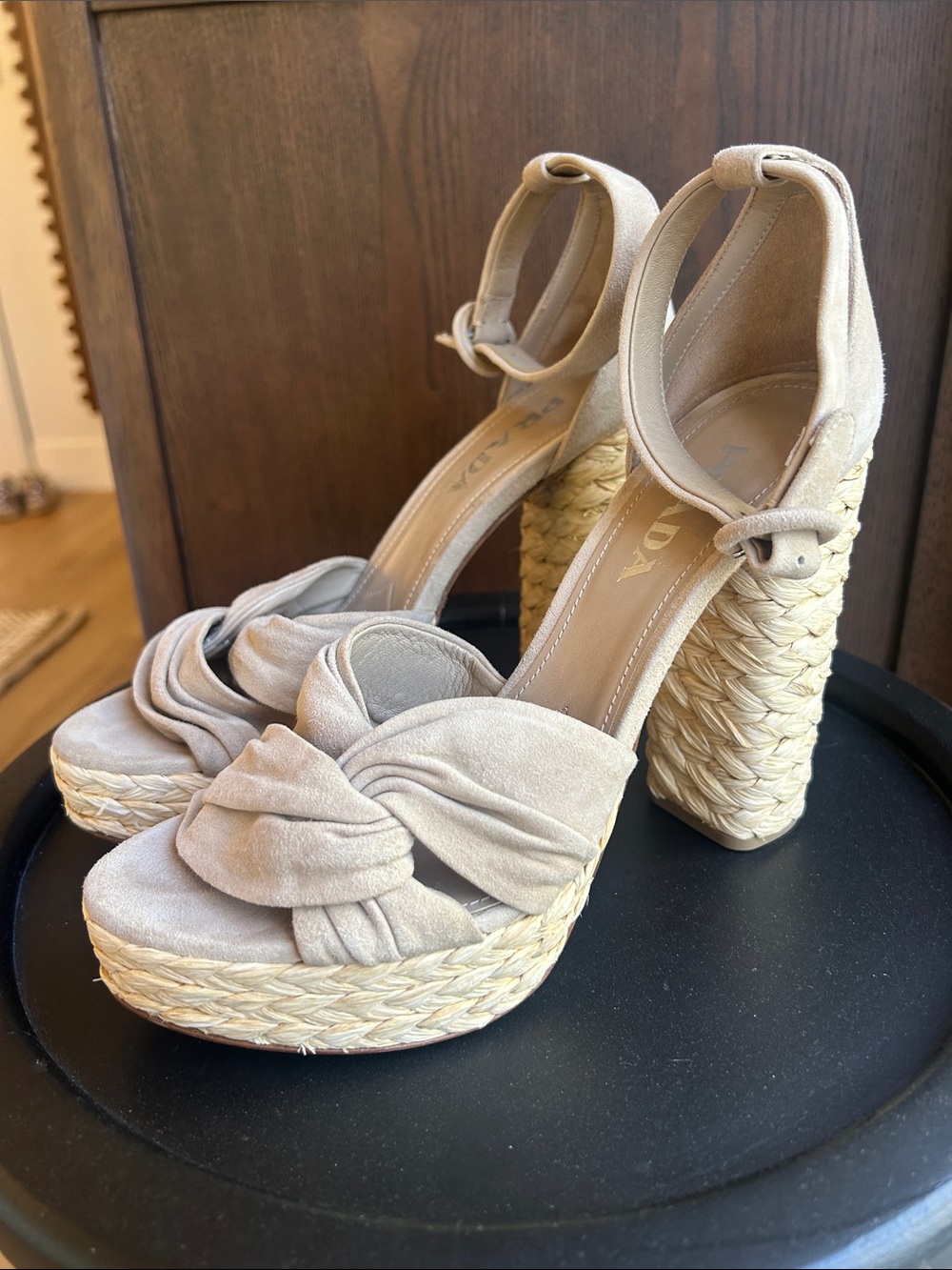 Prada Beige Knotted Suede Platform Sandals with Woven Raffia Block Heel